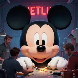 close view of the head of mickey mouse inside the hangar repairing by people, netflix neon logo on the background, the concept art of eddie mendoza, greg rutkowski and artgerm