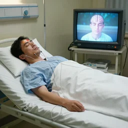 A man sleeping on a hospital bed with wires connected to his brain to an analog tv displaying his dreams