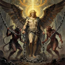 book of enoch, angels capture demons with huge chains and send them to hell, by greg rutkowski, trending on artstation
