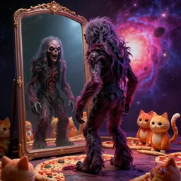 beautiful digital fantasy illustration of a creepymania creature standing in front of a mirror, concept art by Alex Horley-Orlandelli, scary, dark, fantasy, renderman render, 3D, photorealistic, concept art, complementary color, vibrancy color, pizza cosmos, pizza universe, high detail texture, unreal engine, 8k, samurai pizza cats, vivid, intense, Photographic quality, ultra hyper realistic quality, 8k definiton, hyper-realistic, cinematic, cinematic lighting