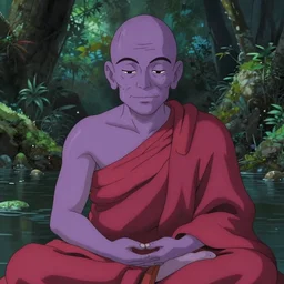 a film still portrait of a mauve old monk meditating inside in a flooded temple jungle. finely detailed features, closeup at the faces, chronenberg, perfect art, grimdark, trending on pixiv fanbox, painted by studio ghibli