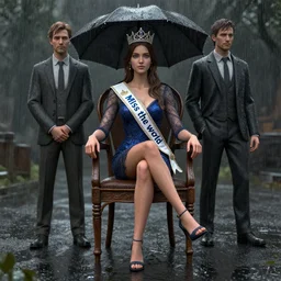 3 d unreal engine octane render of miss of the world sitting on the chair in the rain by leonid afremov and by vincent di fate and by conrad roset and by greg rutkowski