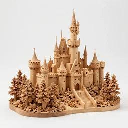 high - res photograph of a wood sculpture diorama with fantasy castles, highly detailed sculpey diorama, forest setting in iceland, waterfall backdrop, realistic materials, wood, felt, cloth, burlap, copper wire, hot glue, smooth, sharp foccus, commercial product photography,