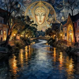 a mystic river, the river is full of lights, mysticism, artwork, watercolor, cinematic, exposure, slit - scan photography, 4 k, ultra - hd, incandescent, ray tracing reflections, insanely detailed and intricate, elegant, ornate, hyper realistic, super detailed by dorothea tanning, by bruce pennington