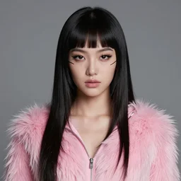 youthful female blade runner demure, perfect wrap around mascara, exquisite features, feminine cut, frontiers in flight pink fur jumpsuit,