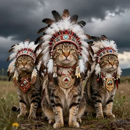 3 cat wearing native american indian feather warbonnets, game art