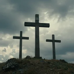 cinematic still of three crosses on calvary hill, miraculous cloudy backdrop, Biblical epic movie directed by Peter Jackson, wallpaper, hd