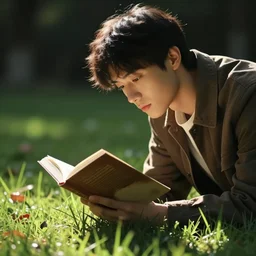 a guy reading a book outside while touching grass