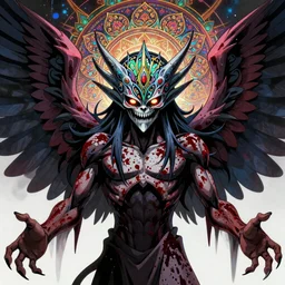 4K headshot of mothman with defined arms and open hands and bloody clothes with giant mandala wings , intricate face , flawless anime cel animation by Kentaro Miura, psychedelic , highly detailed upper body , professionally post-processed , beautiful, scary, symmetry accurate features, epic, octane rendered, anime masterpiece, accurate