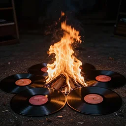 a brooding photo of a pyre of vinyl records, 4 5 singles up in flames, dark days