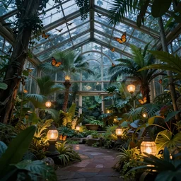 secret garden, tropical greenhouse, glass cover, birds and butterflies, fairy tale, evening lights, highly detailed, low angle view, artstation, mysterious, comfort, in the style of aetherpunk