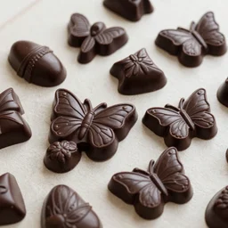 fancy dark chocolates shaped like butterflies, macro photo