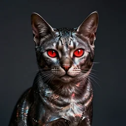 metallic cat with red glowing eyes, dramatic lighting, studio photo, 4k, photorealistic, film grain, inspired by the terminator