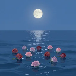 On the surface of the sea in the moonlight, there were some roses floating on the surface of the sea，by Chiho Aoshima