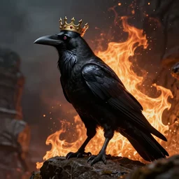 evil crow with a crown and cape and with fire in the back