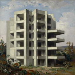 classical landscape paintings of brutalist concrete structures, masterpiece, insanely detailed and intricate, oil paint by eugene von guerard and asher brown durand