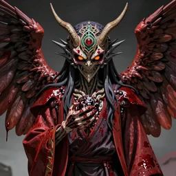 4K headshot of mothman holding something and bloody clothes with giant wings , intricate face , flawless anime cel animation by Kentaro Miura,psychedelic , highly detailed upper body , professionally post-processed , beautiful, scary, symmetry accurate features, epic, octane rendered, anime masterpiece, accurate