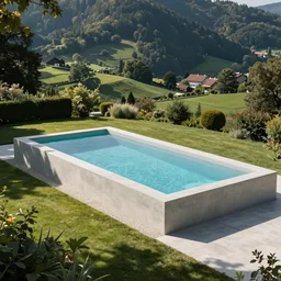 a minimalist swimming pool made of glass and concrete on the edge of a bavarian garden hill estate