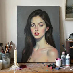 “ a portrait in a female art student ’ s apartment, hakone checkpoint, sensual, art supplies, a candle dripping white wax, berry juice drips, acrylic and spray paint and oilstick on canvas, surrealism, neoexpressionism ”