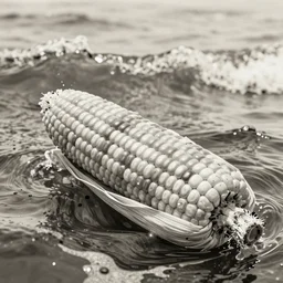 corn floating in ocean, waves, vintage coutry style, monochromatic, detailed
