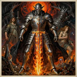 deep void emperor with fiery sword and alchemical armor, monumental painting by gerrit van honthorst and hajime sorayama and kiefer anselm, illusion surreal art, highly conceptual figurative art, intricate detailed oil illustration, controversial poster art, polish poster art 1 9 8 0