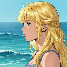 a portrait of a young blonde woman with side profile anime in ocean intricate details by MARVEL comics and Sandra Chevrier