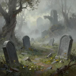 oil sci fi painting of creepy graveyard with broken graves and chape, daytime, mist, sci - fi natural rendering, trending on artstation, by, michael whealan and james gurney