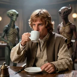A long-shot, color cinema film still of a Marlin Monroe drinking coffee in the Mos Eisley's Tavern, Two aliens around, misty, studio lighting; from Star Wars(1977)