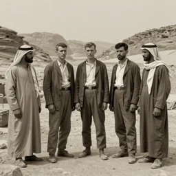 ultra detailed photorealistic sepia - toned photo from 1 9 1 7, three clean - shaven british soldiers standing with two bedouin traders in traditional arab garb, at an archaeological dig site in wadi rum, ultra realistic, painted, intricate details, lovecraft, atmospheric, dark, horror, brooding, highly detailed, by clyde caldwell