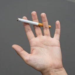 very accurate photo, very coherent image, hyper realistic photo of a female hand, open palm, with an cigarette between index and middle finger