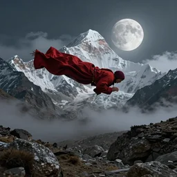 dark red buddhist cloth fly over himalaya mountains gokyo lake in weightlessness, big moon, small fog and gloomy atmosphere, highly detailed science fiction illustration by jeremy geddes. photorealistic, hyper detailed illustration, 8 k, movie still