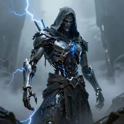 character design, biomechanical arcanist, tattered hood, blue lightning, fog, scary, arrogant, hostile, photorealistic, cinematic, hyper realistic, octane render, 8 k, wide angle