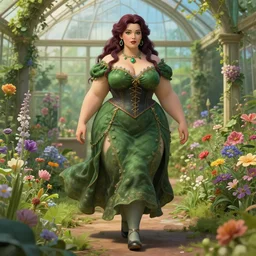 a stunning 3 d render of a thicc and voluptuous yennefer of vengerberg dressed as a beautiful poison ivy walking through a flowering garden, greenhouse in the background, intricate, elegant, highly detailed, digital painting, artstation, in the style of disney and hayao miyazaki, ultra sharp focus, octane render, volumetric lighting, art by greg rutkowski and alphonse mucha