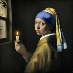Painting of a human with a horses head wearing peasant clothing, holding a lit candle in the dimly lit room, by Johannes Vermeer