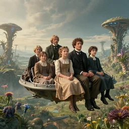 still from a sci fi blockbuster movie made in 2022, set in 1860, of a family sitting on an flying platform, on an alien planet, flying over the alien landscape, full of strange wild alien plants and flowers, family are wearing 1850s era clothes, good lighting, 4k, in focus faces, good photography, oscar winner