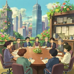a wholesome animation key shot of a conference room full of executives and notes like a board room in skyscraper by studio ghibli, nicoletta ceccoli, mark ryden, lostfish, max fleischer, detailed and intricate environment, bloom, 8 k resolution, hyperrealistic, octane render, vivid colors, bright, cheerful, detailed and intricate environment