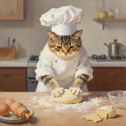 cat wearing chefs hat kneading dough making biscuits, oil painting, artstation, ana dascalu