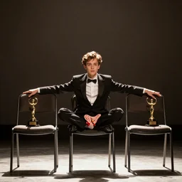 cinematic still, young Jean Claude Vandamme doing the splits with a foot placed on separate chairs, dramatic lighting ,award winning,
