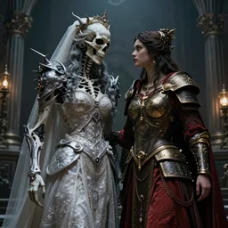 the marriage between a death god and a war goddess in the style of high urban fantasy Hyper detailed Hyper Photorealistic High Resolution HD 8k post-processing