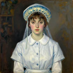 vintage beautiful painting of a nurse wearing a jellyfish hat in Mary Cassatt style