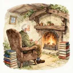 a muted color watercolor sketch of a old man sitting in big chair next of a fireplace in his hobbit house living room surrounded by stacks of books from story book character ifrom the book Baltimore & Redingote by Jean-Baptiste Monge of an old man in the style of by Jean-Baptiste Monge that looks like its by Jean-Baptiste Monge and refencing Jean-Baptiste Monge