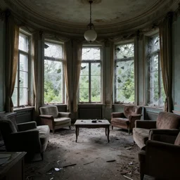 abandoned oval office with broken windows covered by cobwebs, destroyed furnitures, dusty floor, old torn curtains, lights through windows, hyperdetailed, artstation, cgsociety, 8 k