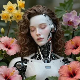 a beautiful fine art portrait photo of a resting futuristic cyborg, wavy hair spread out, surrounded by hibiscus, daffodils, moth orchids, montsera leaves by tom bagshaw and zach sutton, soft lighting, very detailed, bionic, robotic, deep depth of field, artstation, 4K