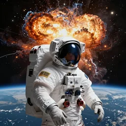 portrait an astronaut looking back at earth exploding , subject in the center of the frame, wide angle shot, diffuse lighting, fantasy, intricate, elegant, highly detailed, lifelike, photorealistic, digital painting, illustration, concept art, smooth, sharp focus