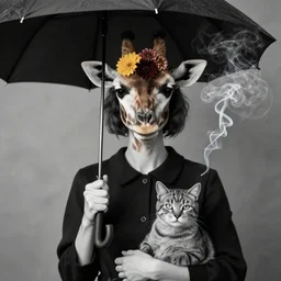 photographic portrait max ernst sad woman giraffe flowers face spiraling cigarette smoke, holding an umbrella and a cat, editorial