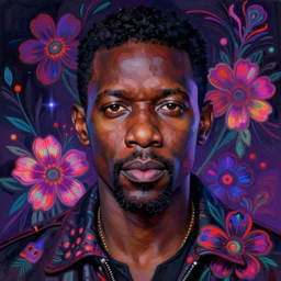 portrait of chiwetel ejiofor, hyper detailed masterpiece, neon floral pattern, jean giraud, digital art painting, darkwave goth aesthetic, psychedelic, artgerm, donato giancola and tom bagshaw