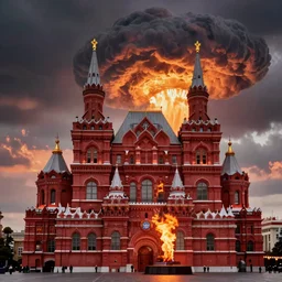 high quality photo of Red Square with flames and mushroom cloud on background, highly detailed, 8k, professional