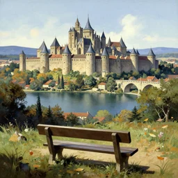 medieval vista with lake at its base near city of carcassonne, there is a simple bench on a vista by stanley artgerm lau, wlop, rossdraws, frank frazetta, andrei riabovitchev, marc simonetti, tranding on artstation