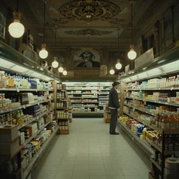 wes anderson cinematography, cosmic horror, scene from a wes anderson film, ornate highly detailed interior environment, supermarket interior at night horror, atmospheric haze, film. film still, 1 6 mm cinematography. todd hido, gregory crewdson