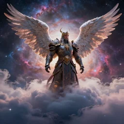 Cloudscape by Adam Paquette, nebula gasses in the background by Gene Raz Von Edler, big fantasy warrior with angel wings by Donato Giancola, Rendered in Octane, cinematic, Highly Detailed